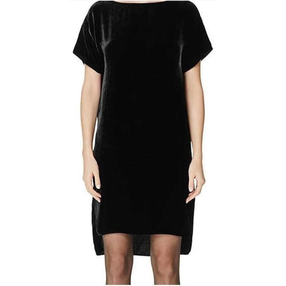 Eileen Fisher Black Velvet Bateau Neck Hi Low Tunic Dress Sz